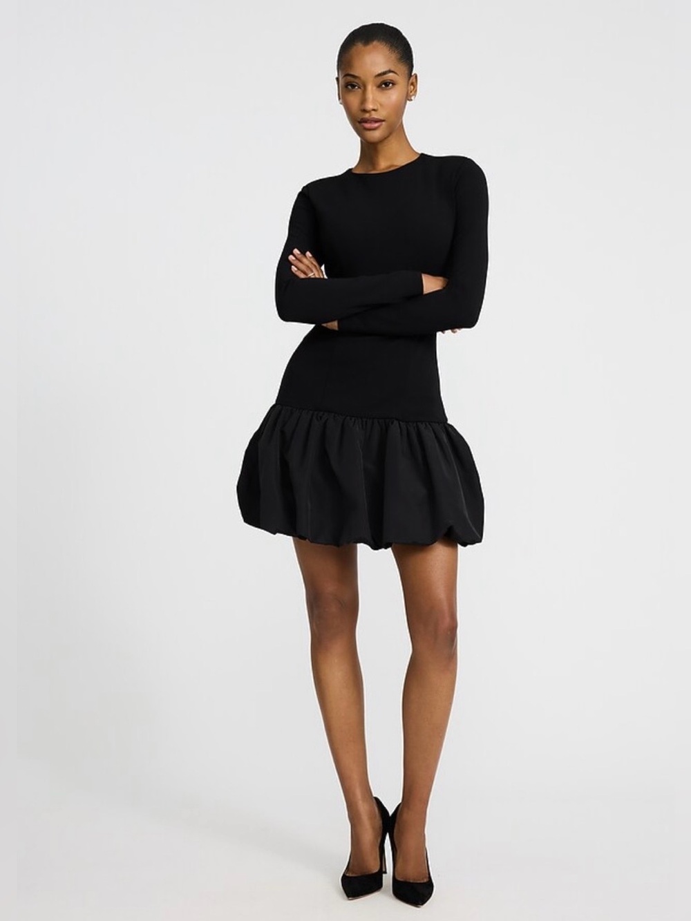 Crew Neck Long Sleeve Drop Waist Bubble Hem Mini Dress